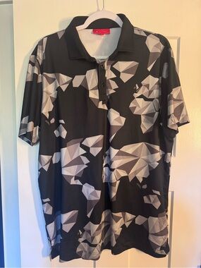 Redvanly Men’s L Geometric Floral Performance Golf Polo Black Gray 🔥